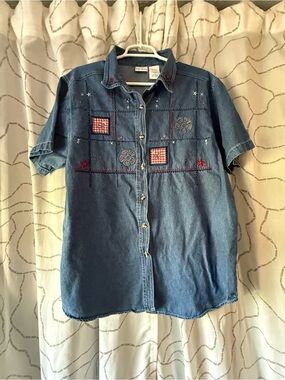 Bobbie Brooks Blue Embroidered Denim Button-Front Shirt